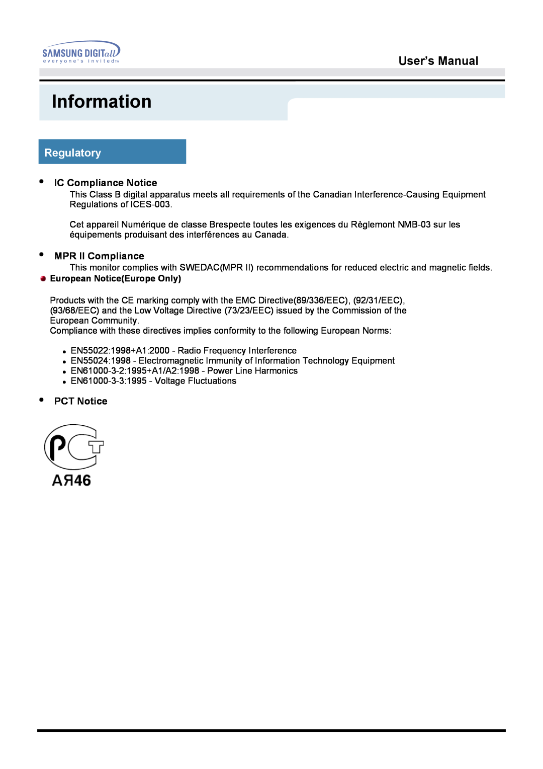 Samsung 172S manual Information, User’s Manual, Regulatory, IC Compliance Notice, MPR II Compliance, PCT Notice 