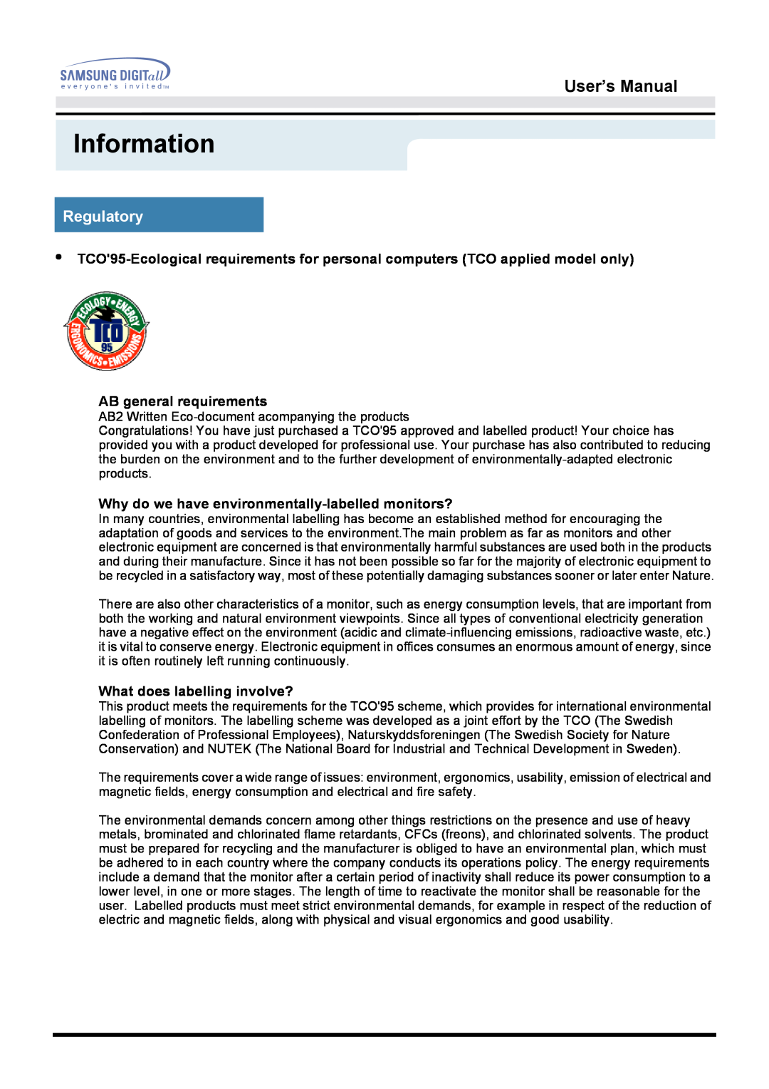 Samsung 172S manual Information, User’s Manual, Regulatory, AB general requirements, What does labelling involve? 