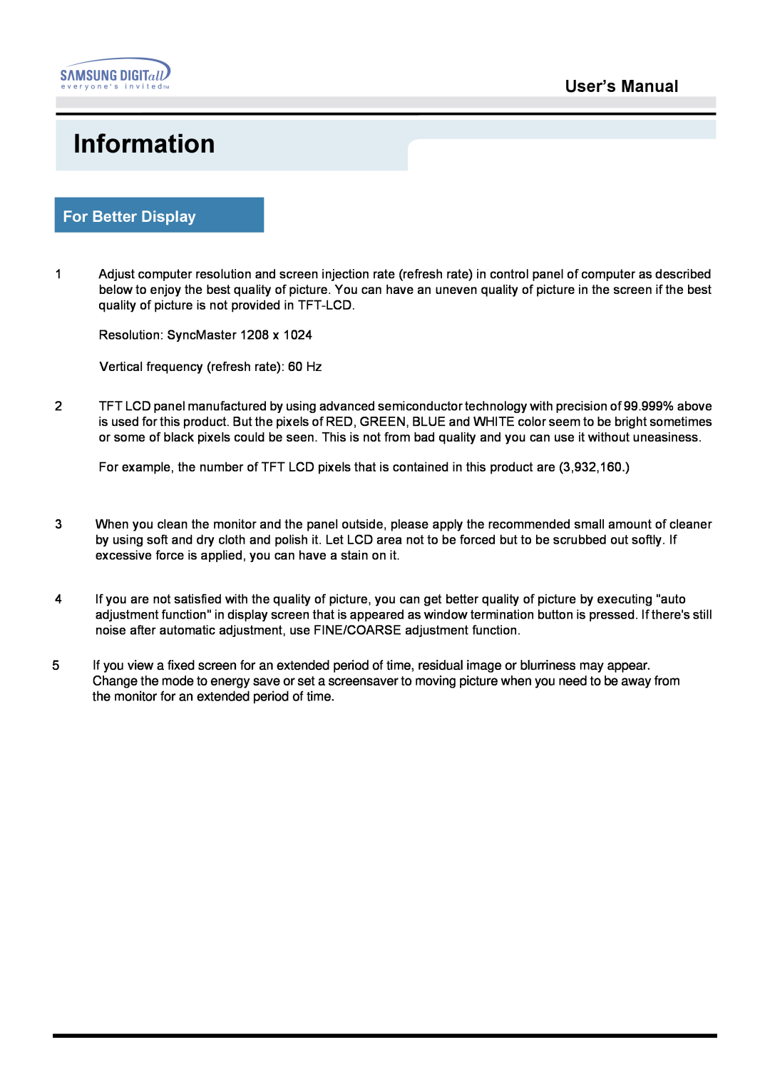 Samsung 172S manual For Better Display, Information, User’s Manual 