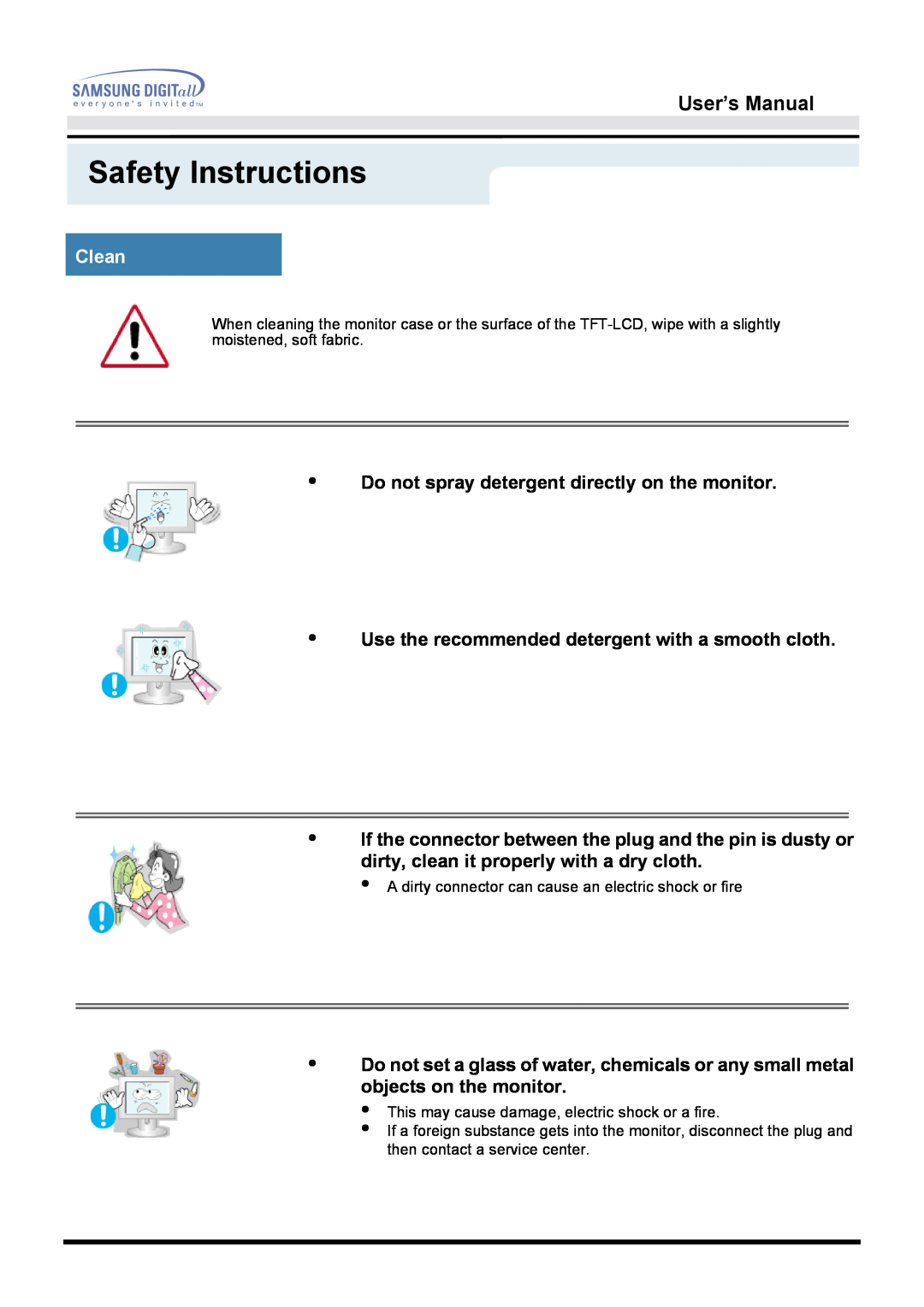 Samsung 172S manual Clean, Safety Instructions, User’s Manual, Do not spray detergent directly on the monitor 