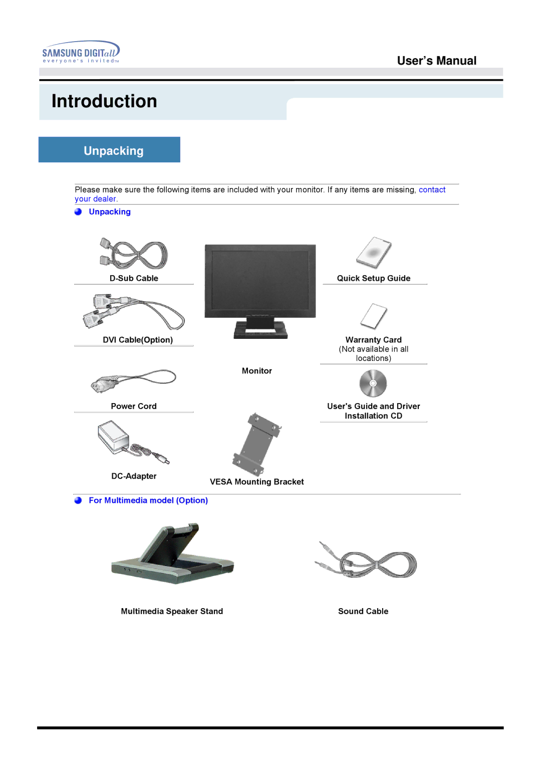 Samsung 172W manual Introduction, Unpacking 