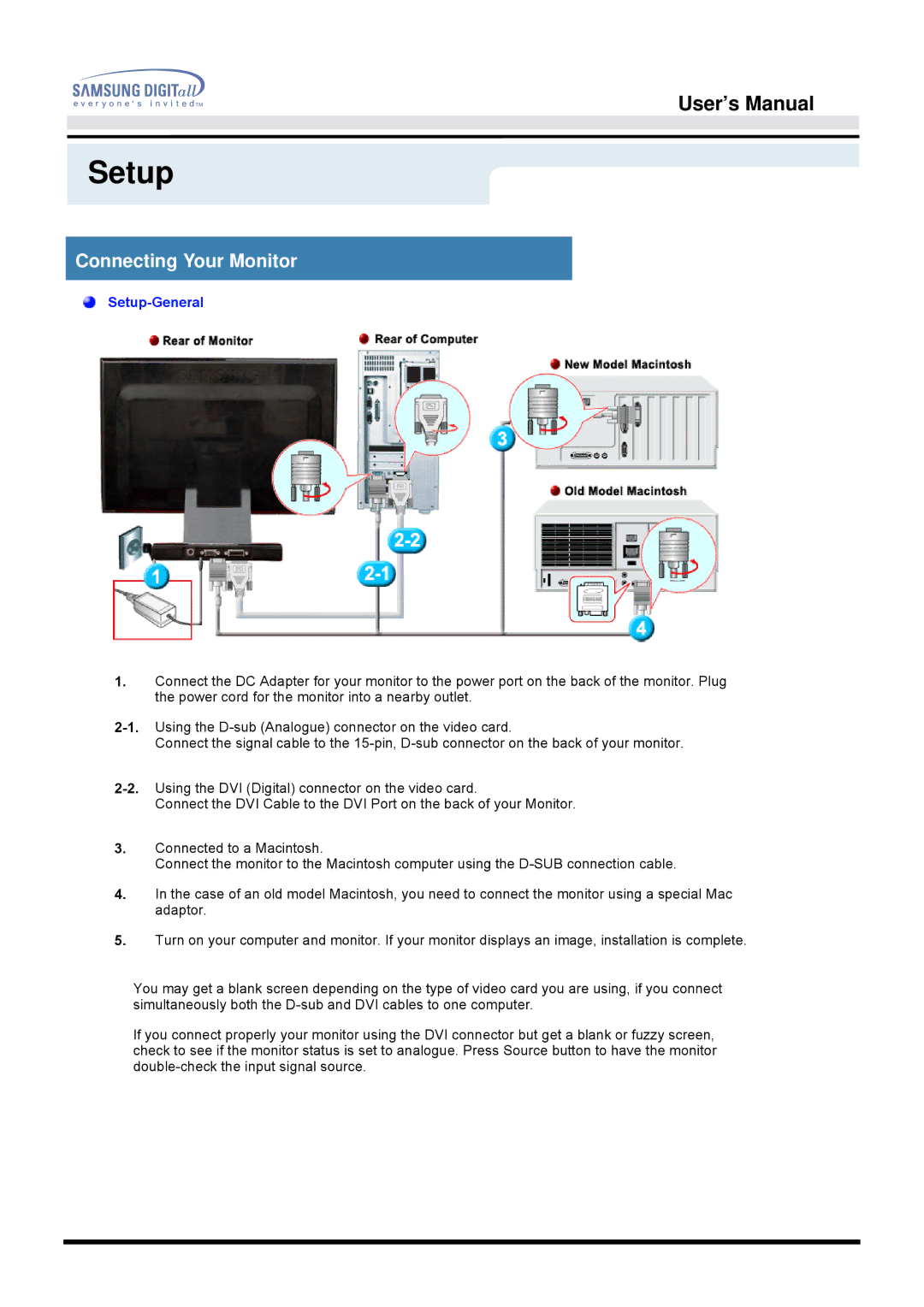 Samsung 172W manual Setup, Connecting Your Monitor 