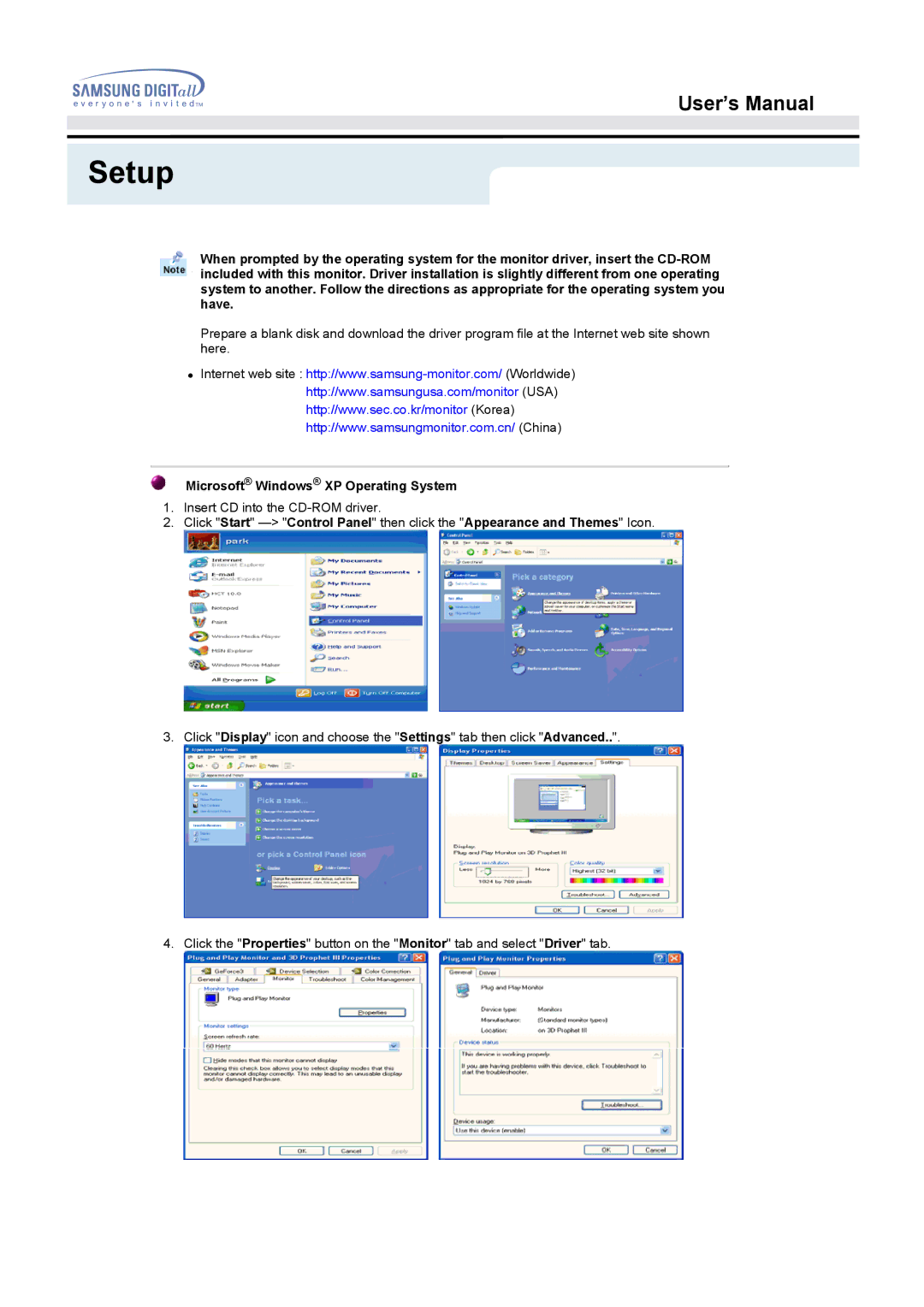 Samsung 172W manual Microsoft Windows XP Operating System 