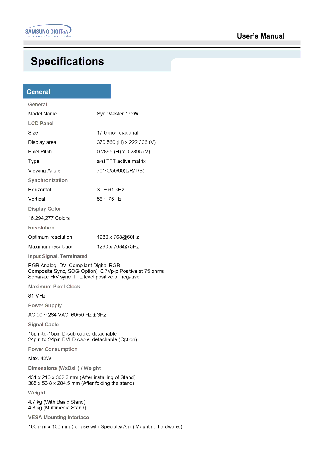 Samsung 172W manual Specifications, General 