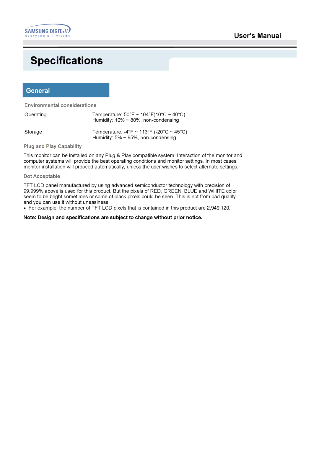 Samsung 172W manual Environmental considerations 