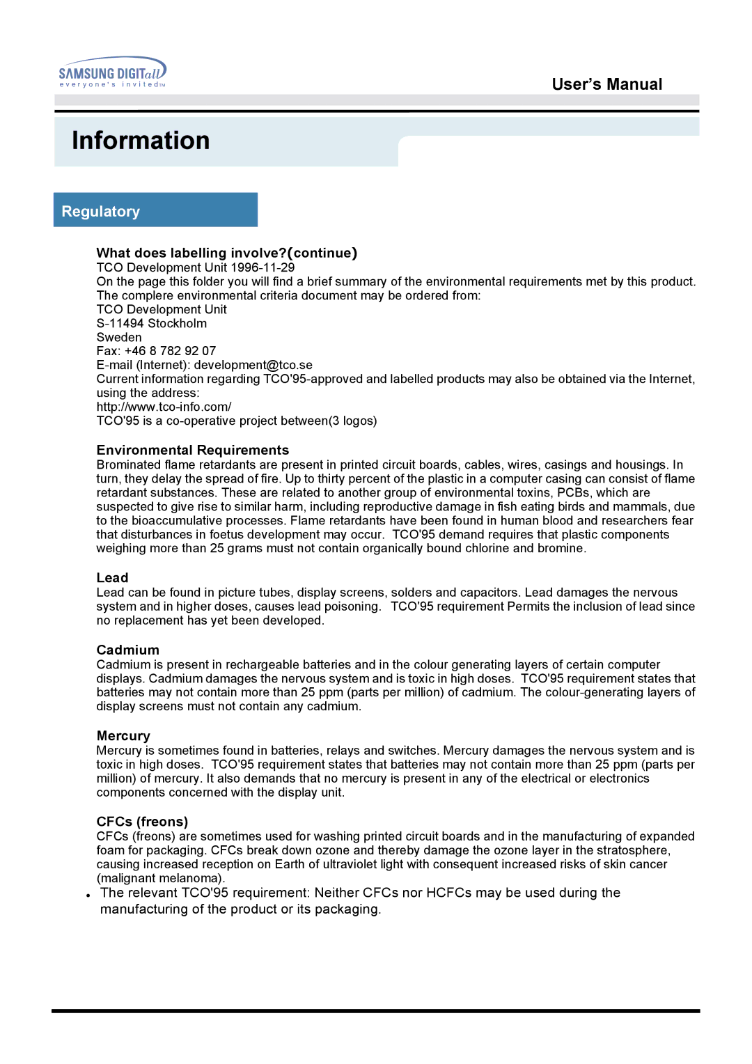 Samsung 172W manual What does labelling involve?continue, Environmental Requirements, Lead, Cadmium, Mercury, CFCs freons 