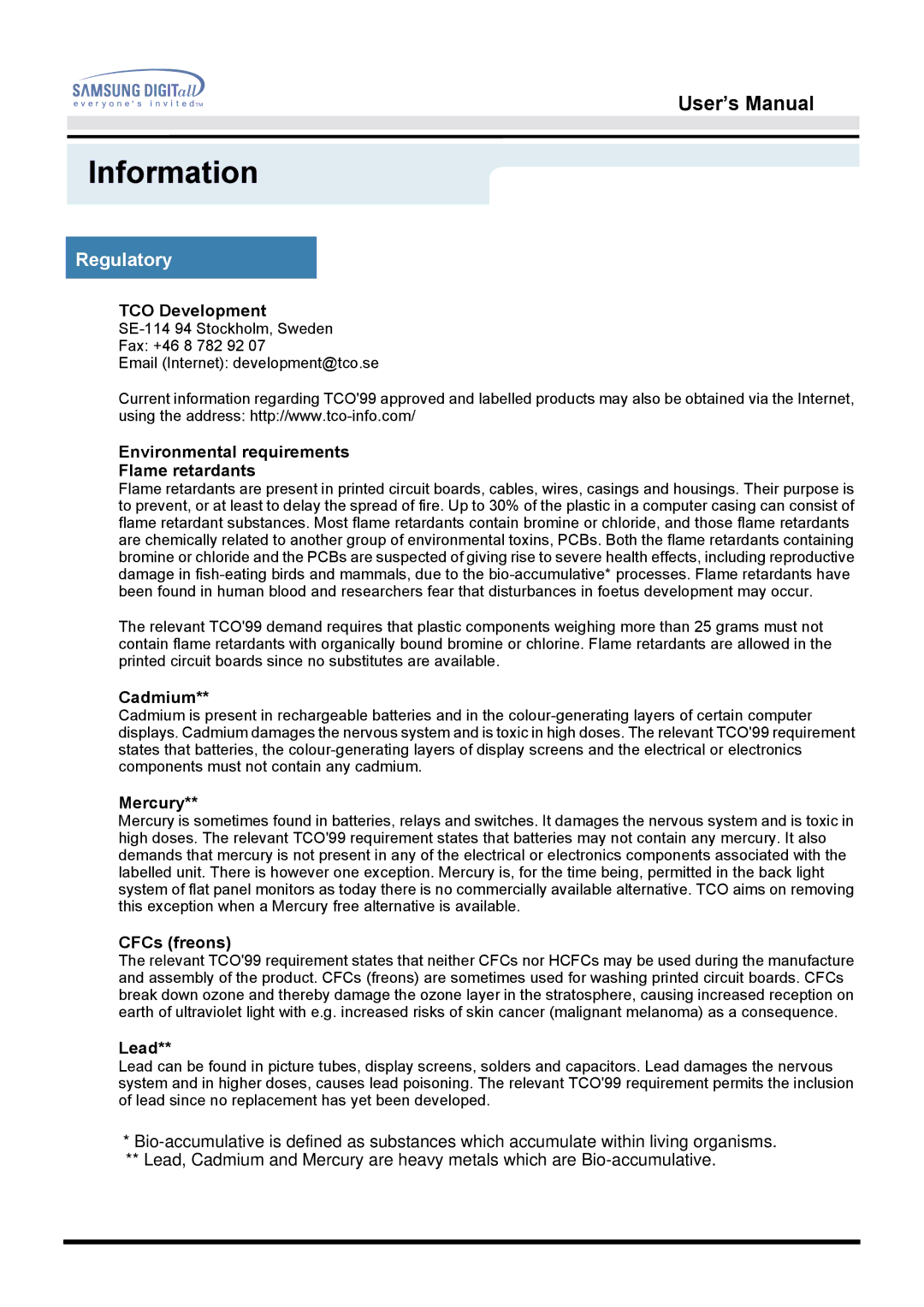 Samsung 172W manual TCO Development, Environmental requirements Flame retardants 