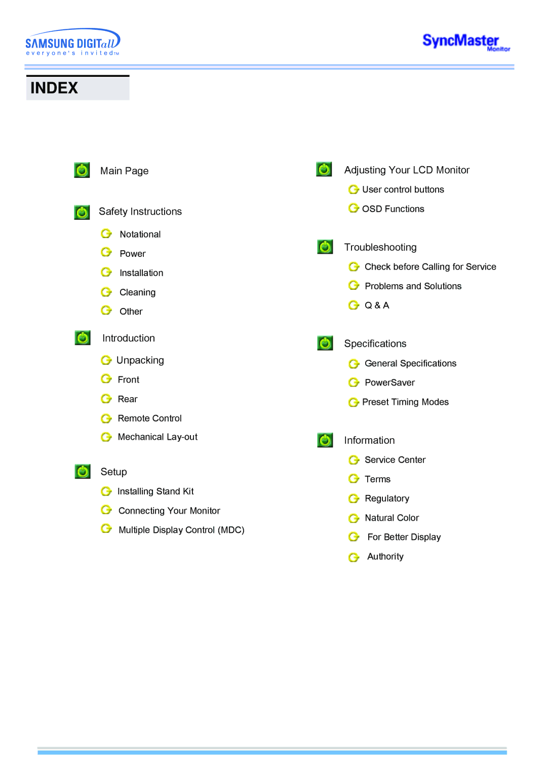 Samsung 173MP manual Index 