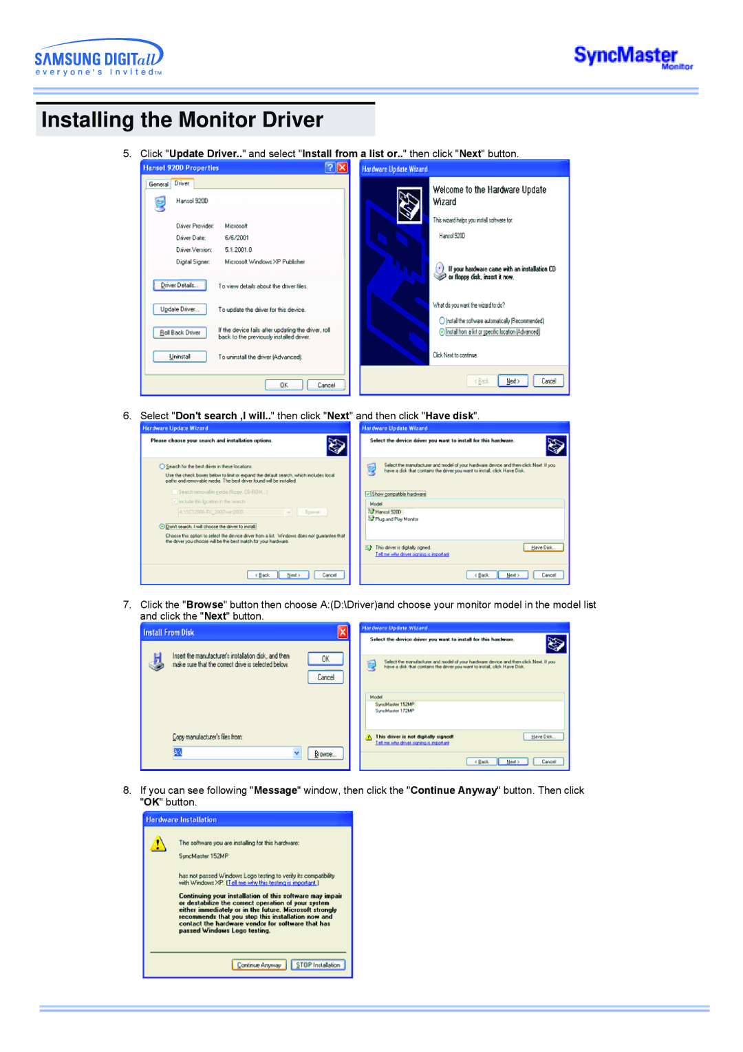 Samsung 173MP manual Installing the Monitor Driver 