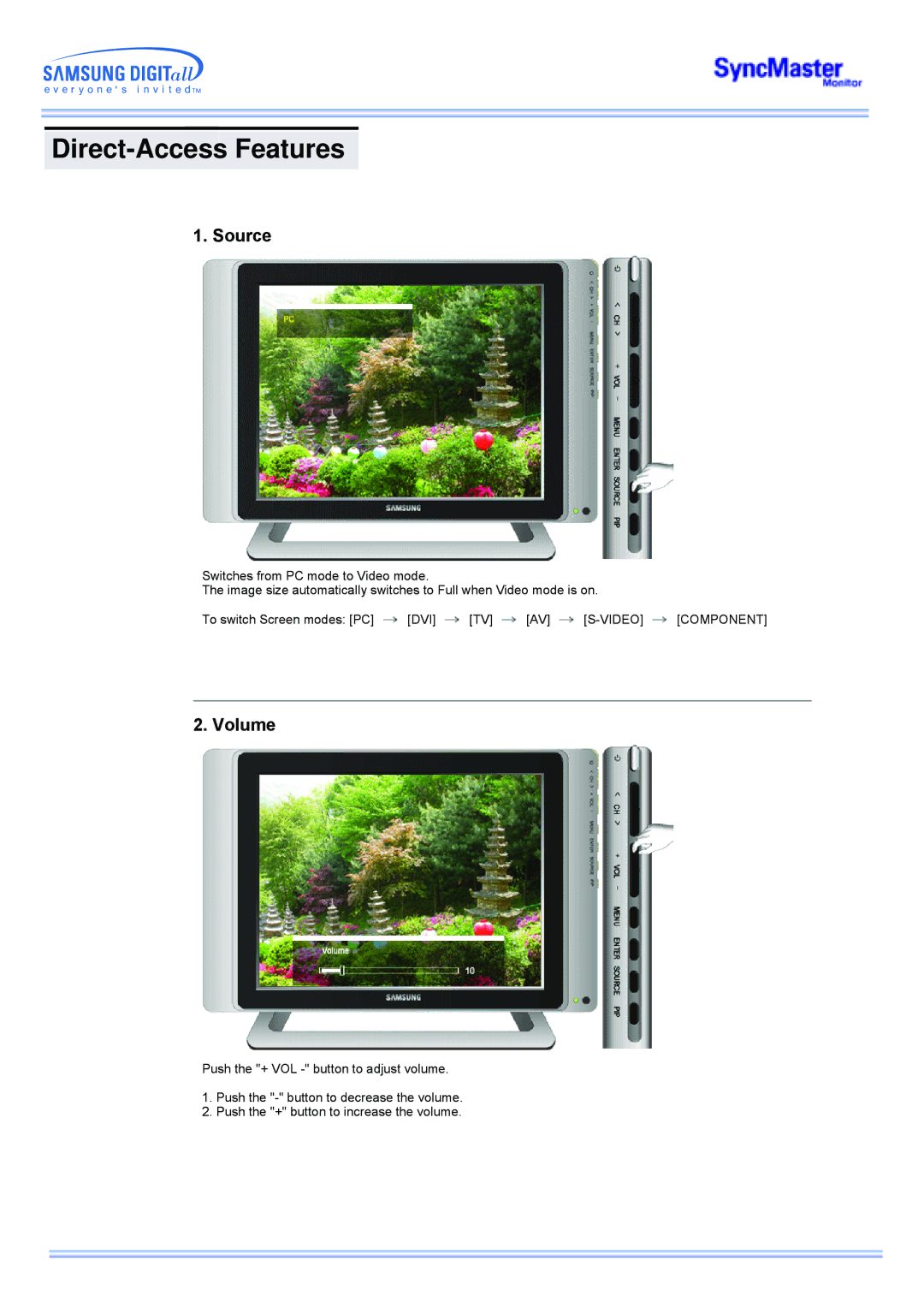 Samsung 173MP manual Direct-Access Features, Source, Volume 