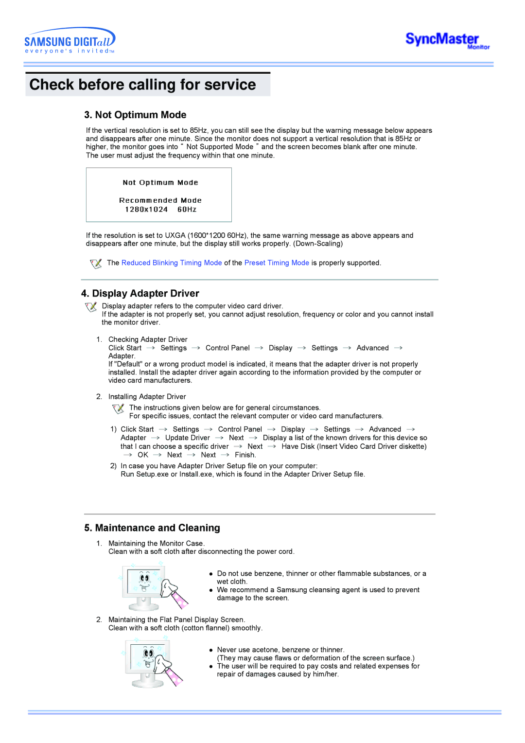 Samsung 173MP manual Not Optimum Mode, Display Adapter Driver, Maintenance and Cleaning 