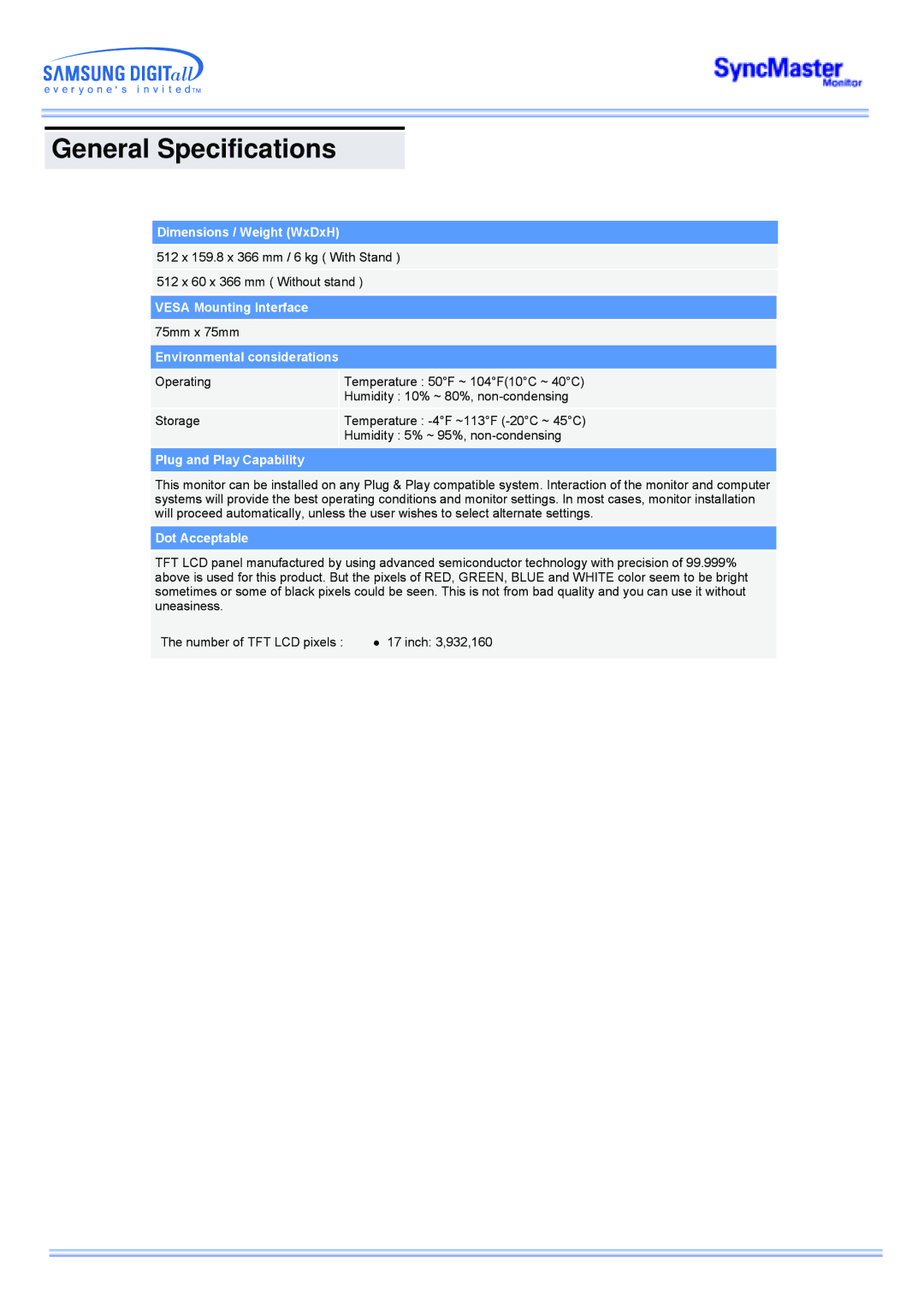 Samsung 173MP manual Dimensions / Weight WxDxH 