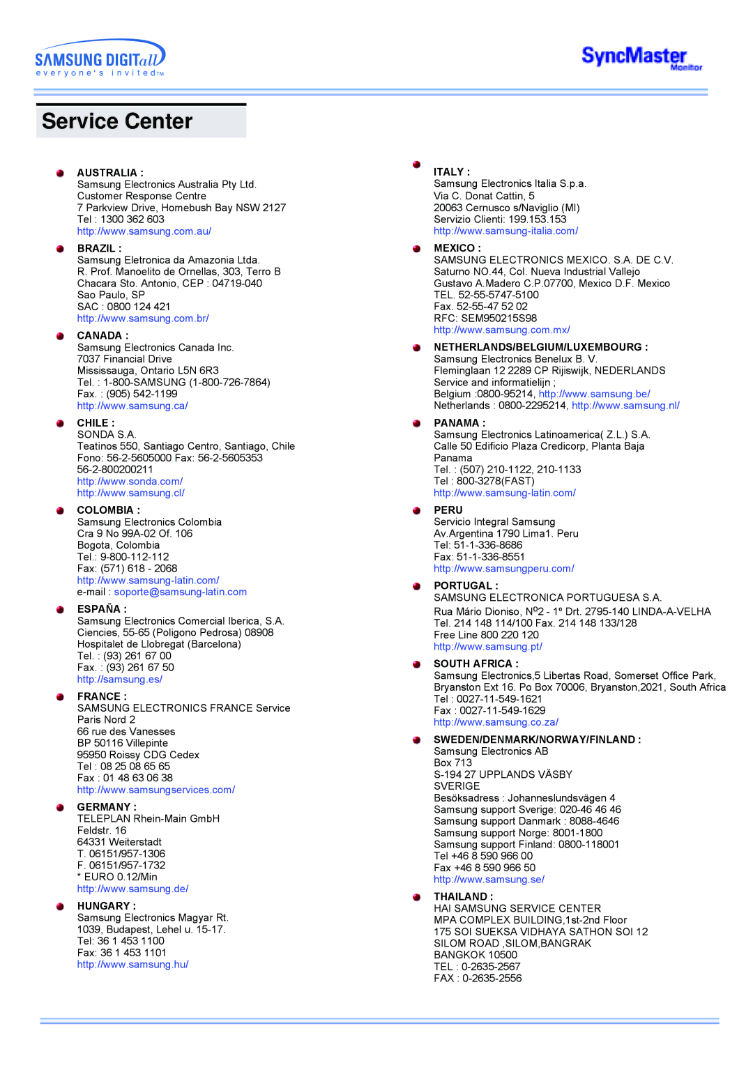 Samsung 173MP manual Service Center 