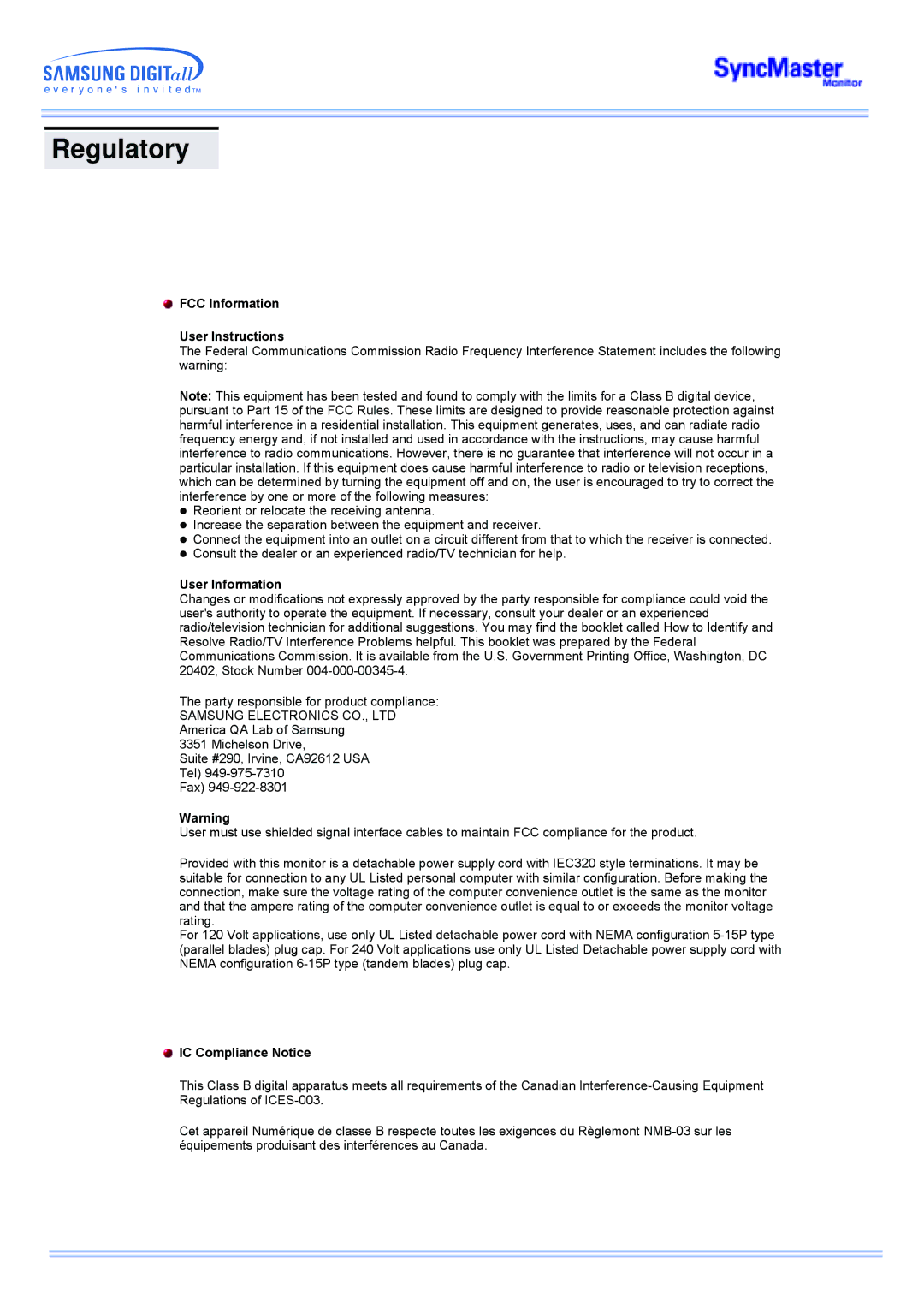 Samsung 173MP manual Regulatory, FCC Information User Instructions, User Information, IC Compliance Notice 