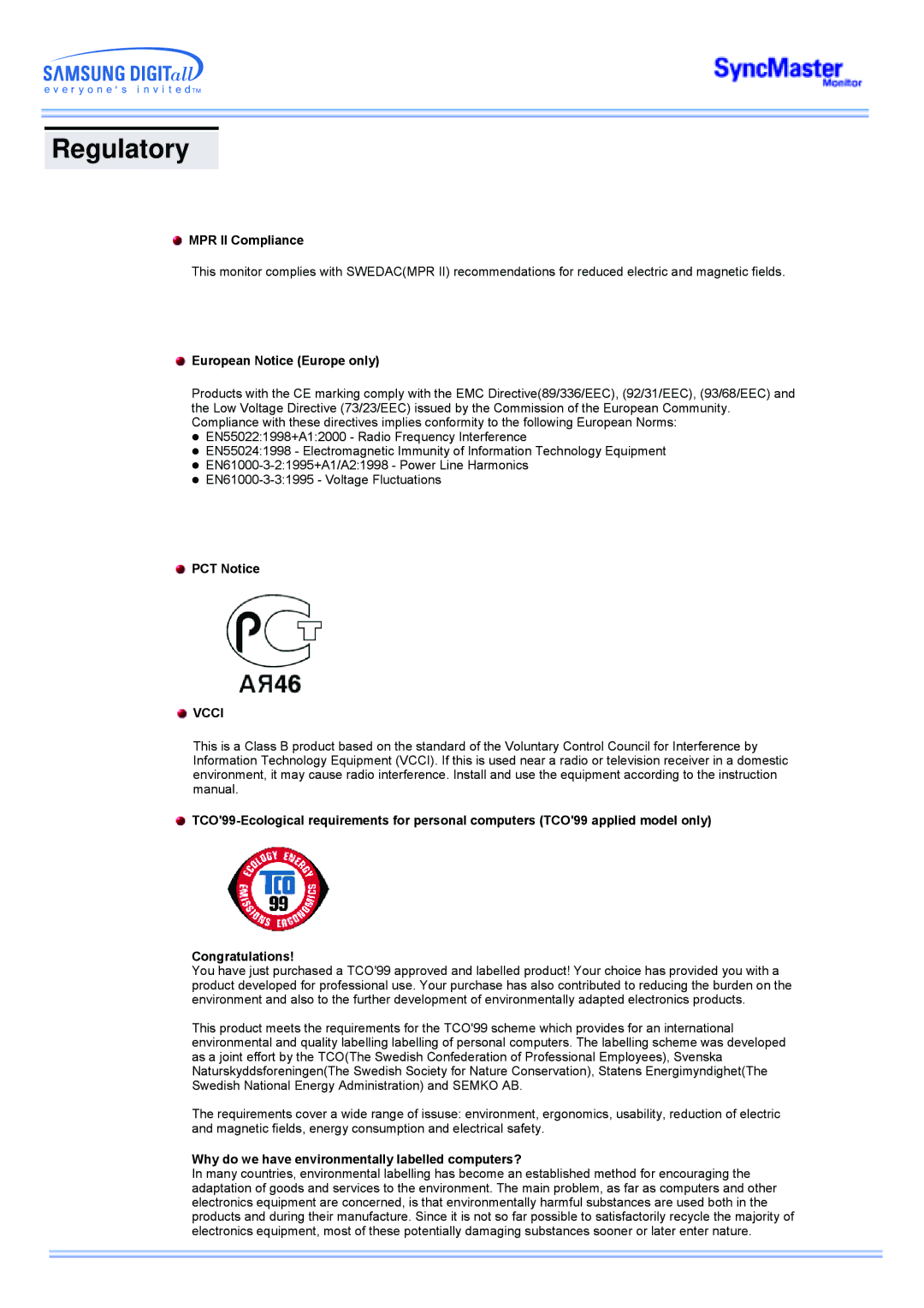 Samsung 173MP manual MPR II Compliance, European Notice Europe only, PCT Notice, Vcci 