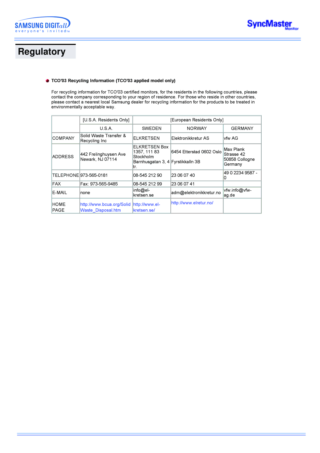 Samsung 173MP manual TCO03 Recycling Information TCO03 applied model only, Elkretsen 