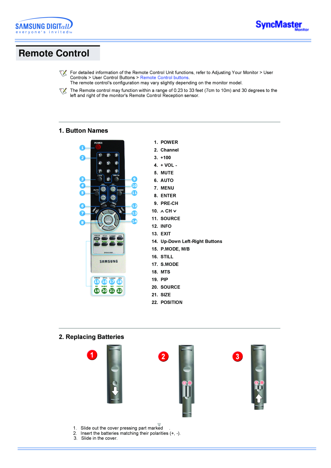 Samsung 173MP manual Remote Control, Button Names, Replacing Batteries 