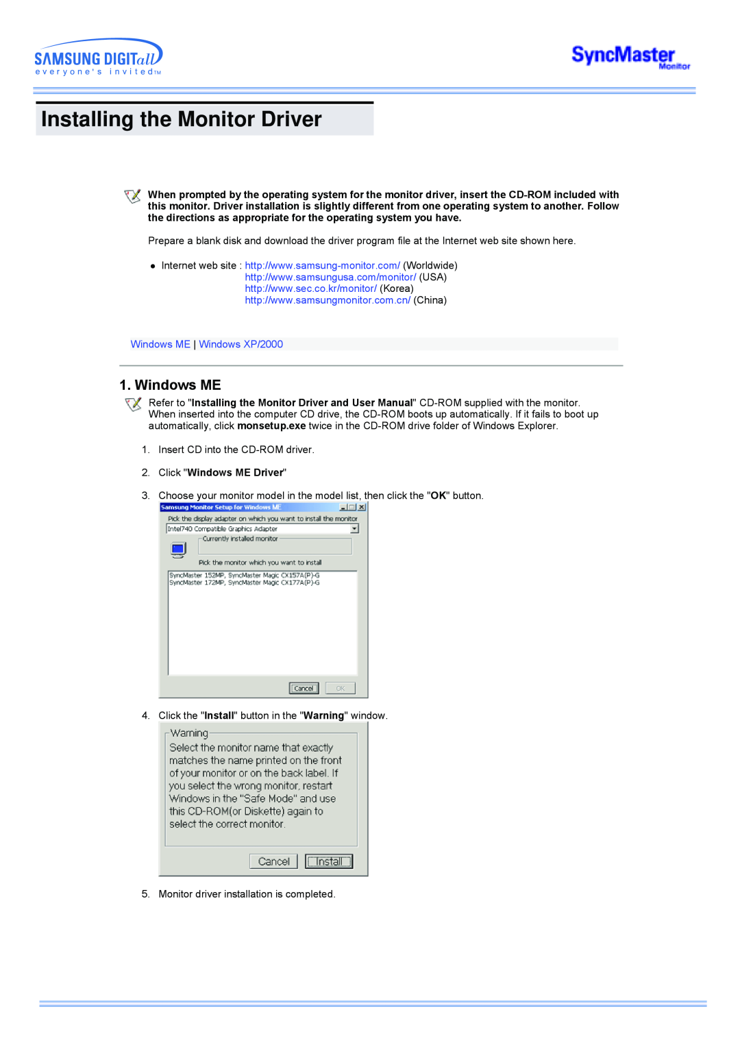 Samsung 173MP manual Installing the Monitor Driver, Windows ME Windows XP/2000 