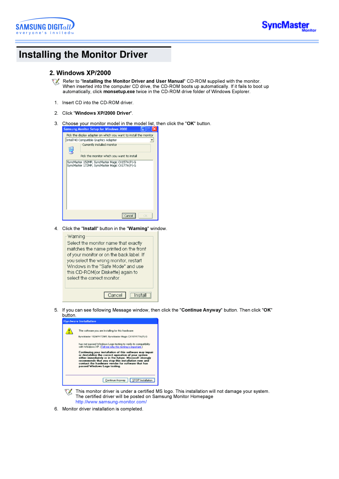 Samsung 173MP manual Installing the Monitor Driver, Click Windows XP/2000 Driver 