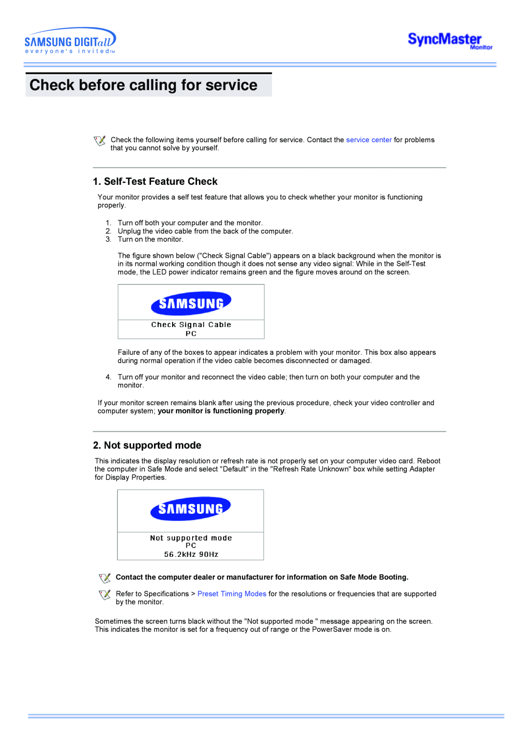 Samsung 173MP manual Check before calling for service, Self-Test Feature Check, Not supported mode 