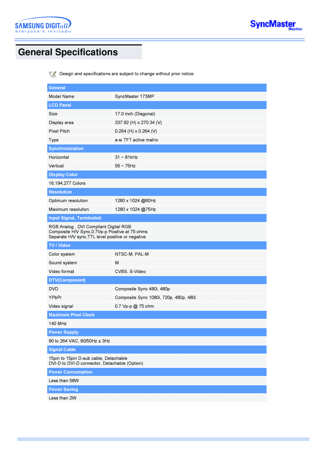Samsung 173MP manual General Specifications 
