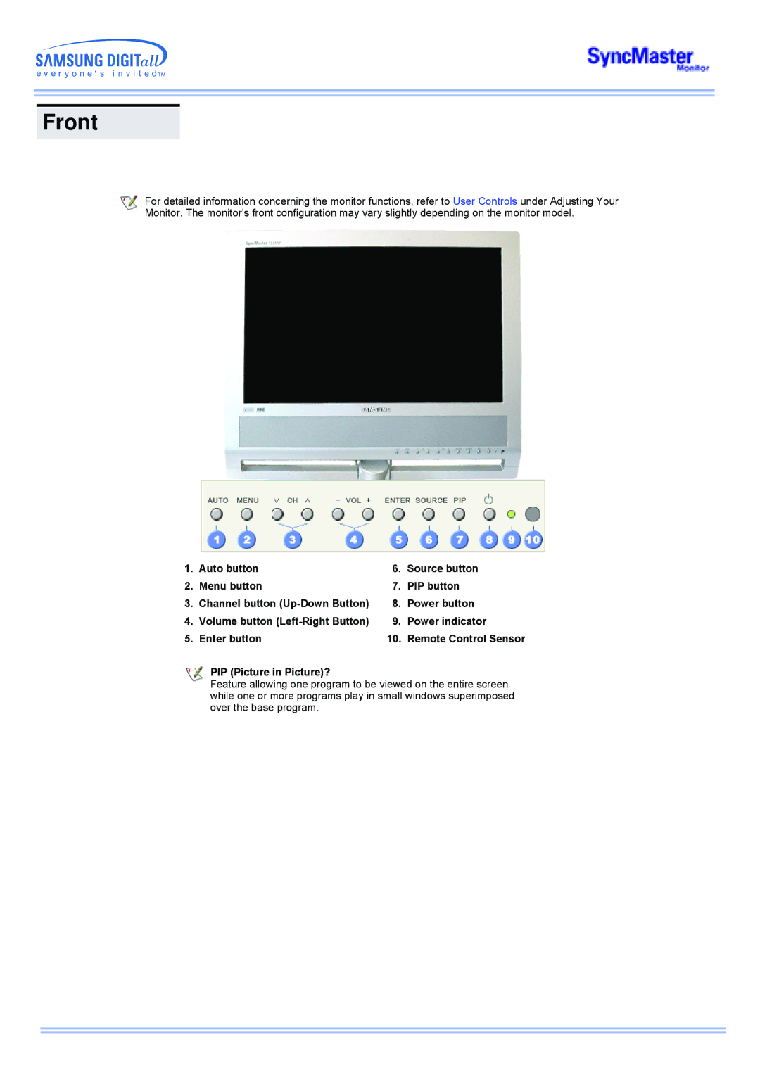 Samsung 173MW manual Front, PIP Picture in Picture? 