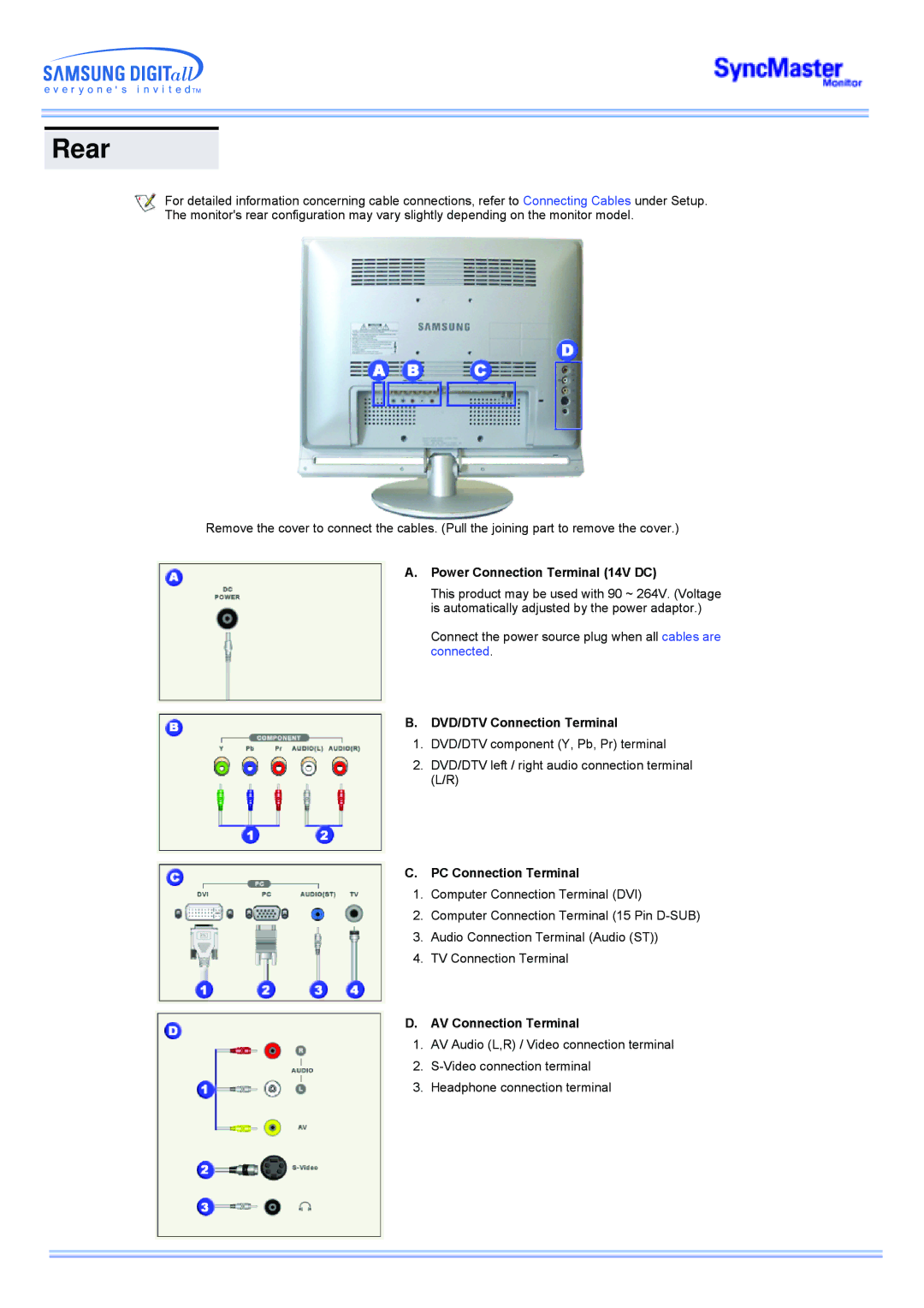 Samsung 173MW manual Rear, Power Connection Terminal 14V DC, DVD/DTV Connection Terminal, PC Connection Terminal 