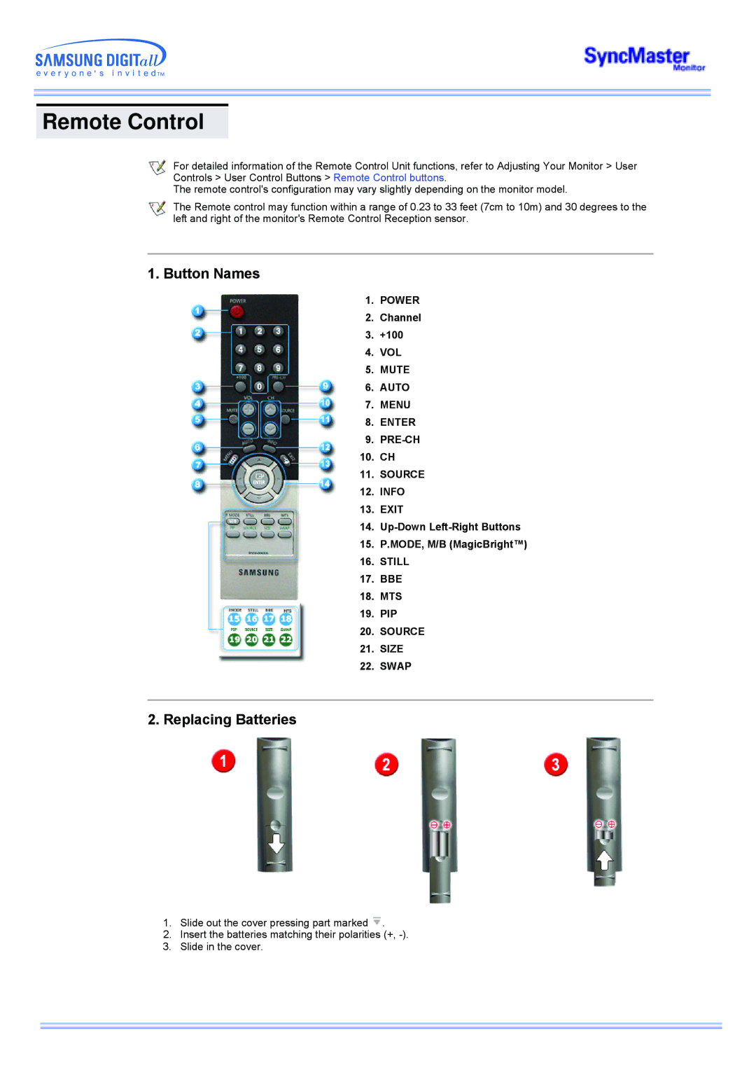 Samsung 173MW manual Remote Control, Button Names, Replacing Batteries 