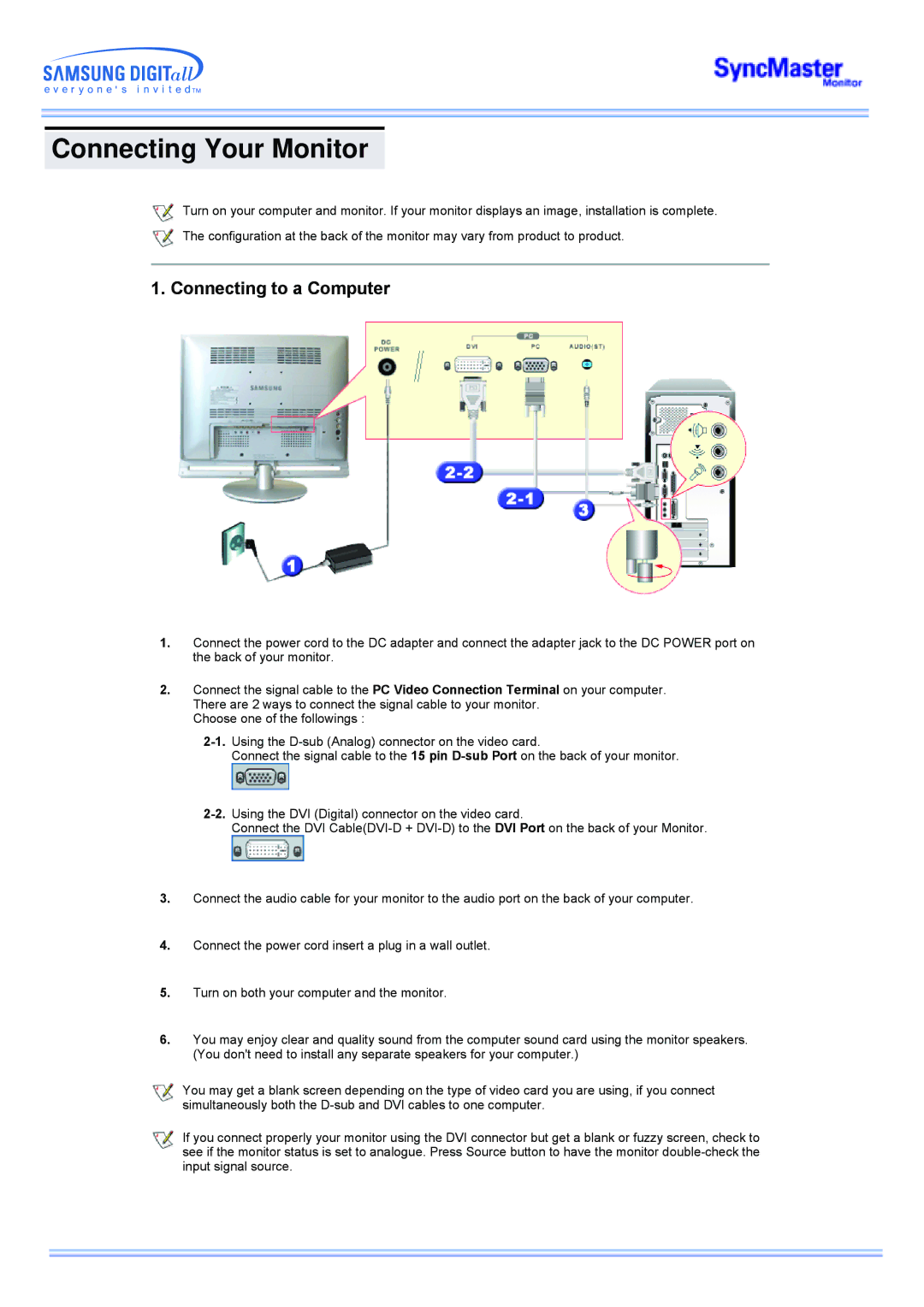 Samsung 173MW manual Connecting Your Monitor, Connecting to a Computer 