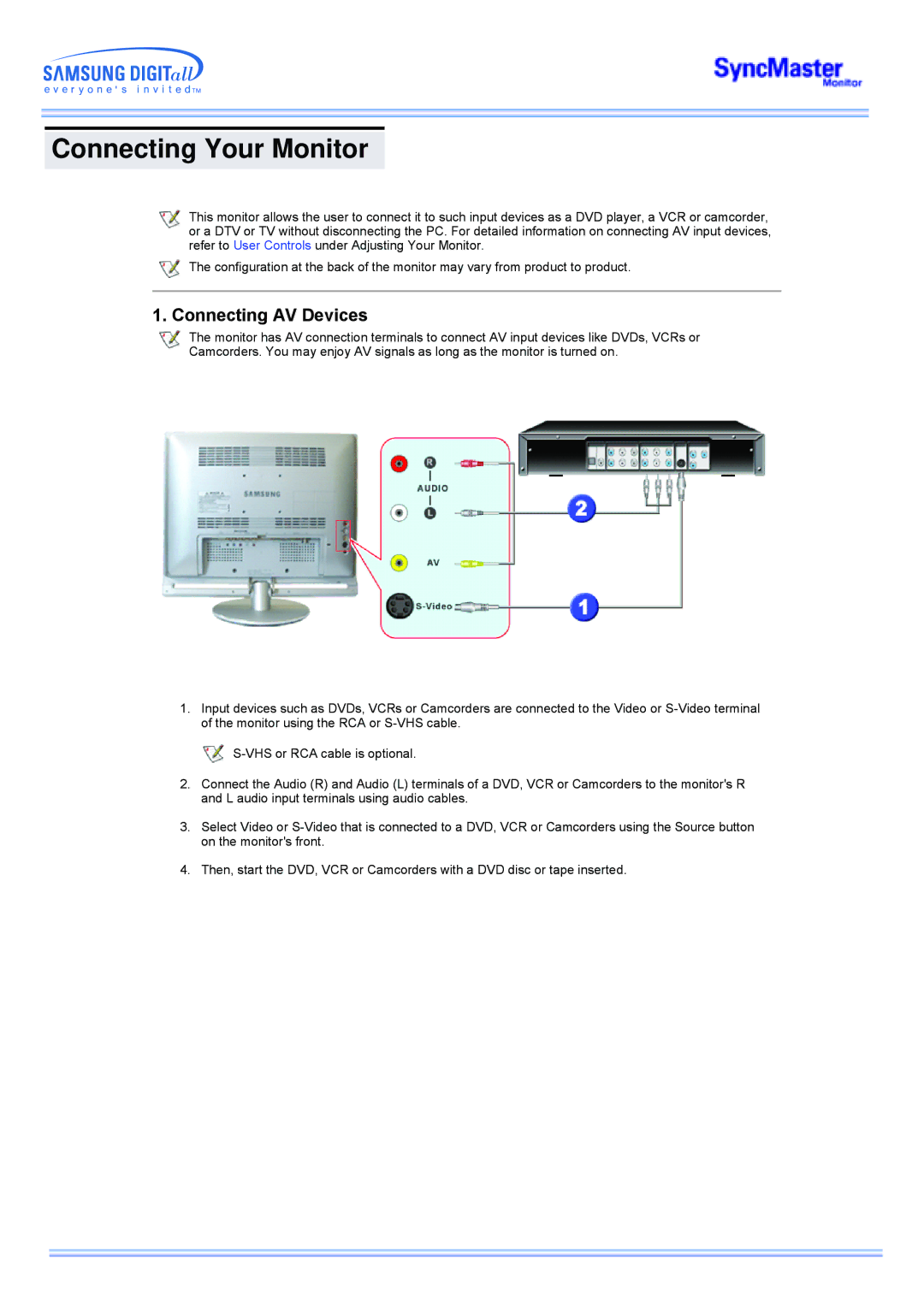 Samsung 173MW manual Connecting AV Devices 