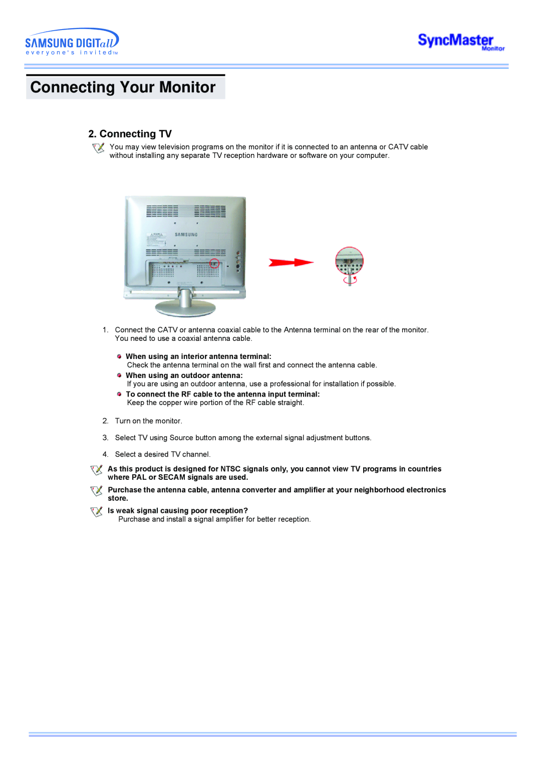 Samsung 173MW manual Connecting TV, When using an interior antenna terminal, When using an outdoor antenna 