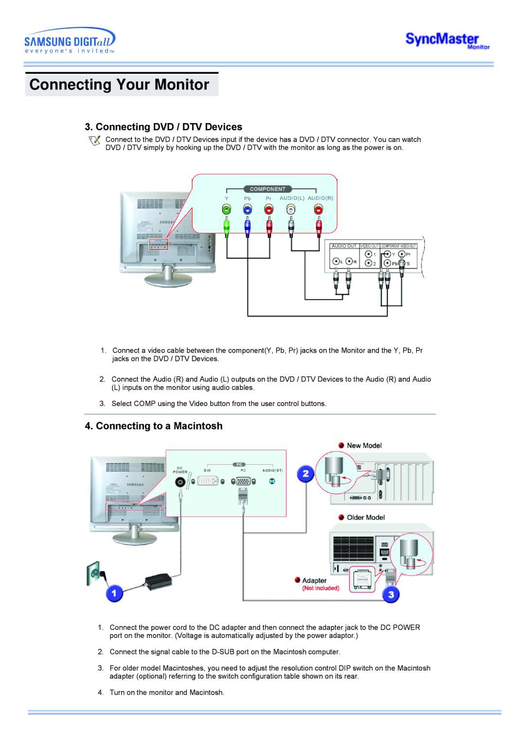 Samsung 173MW manual Connecting DVD / DTV Devices, Connecting to a Macintosh 