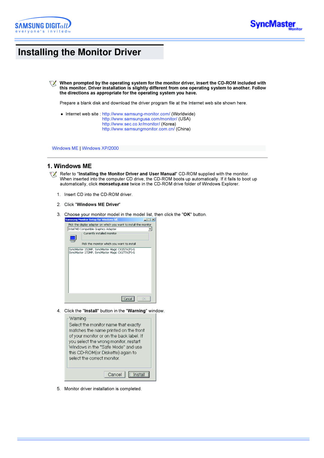 Samsung 173MW manual Installing the Monitor Driver, Click Windows ME Driver 