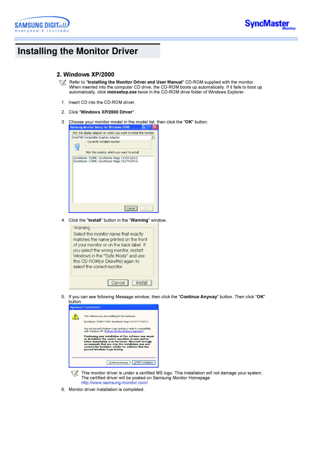 Samsung 173MW manual Click Windows XP/2000 Driver 