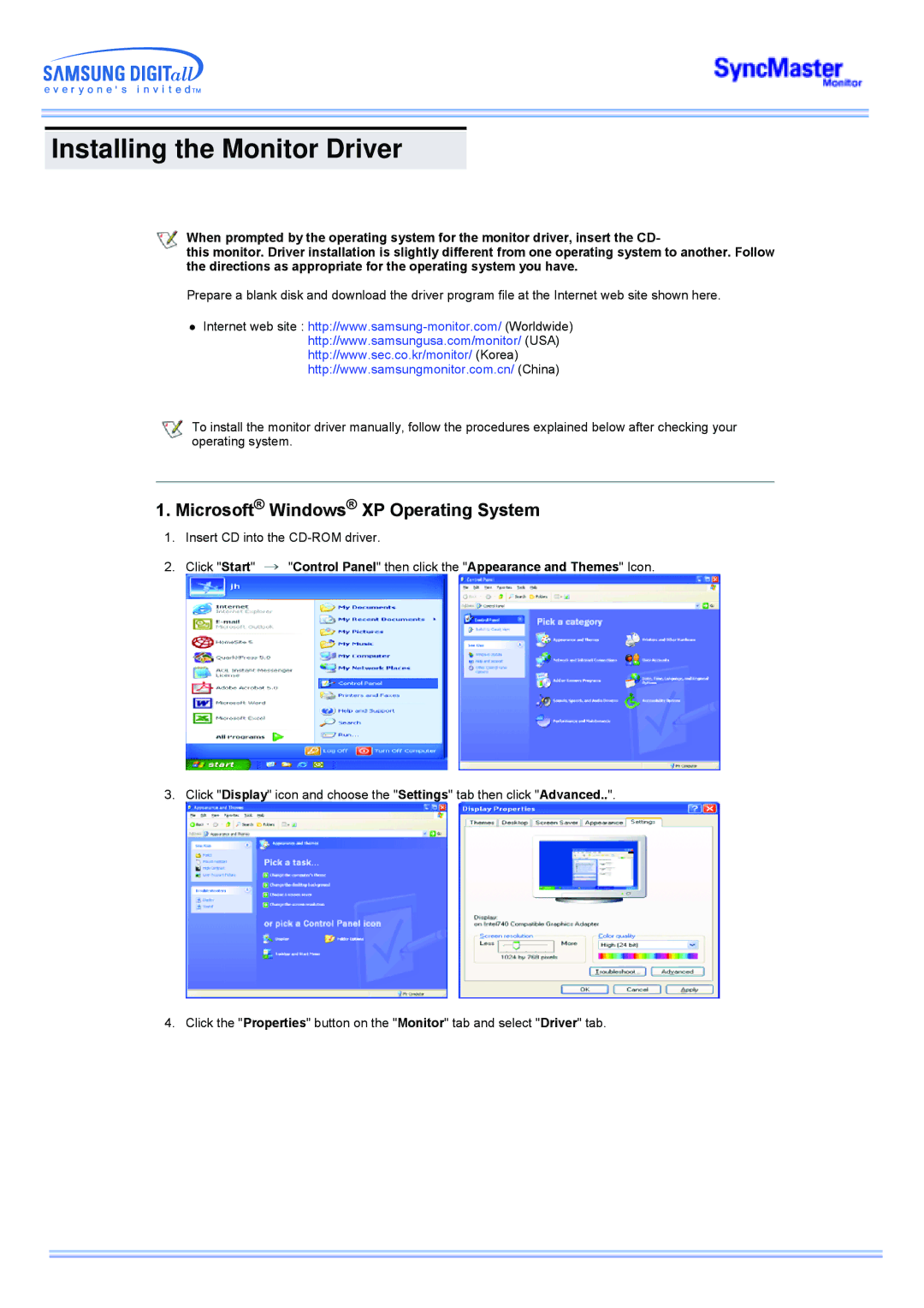 Samsung 173MW manual Microsoft Windows XP Operating System 