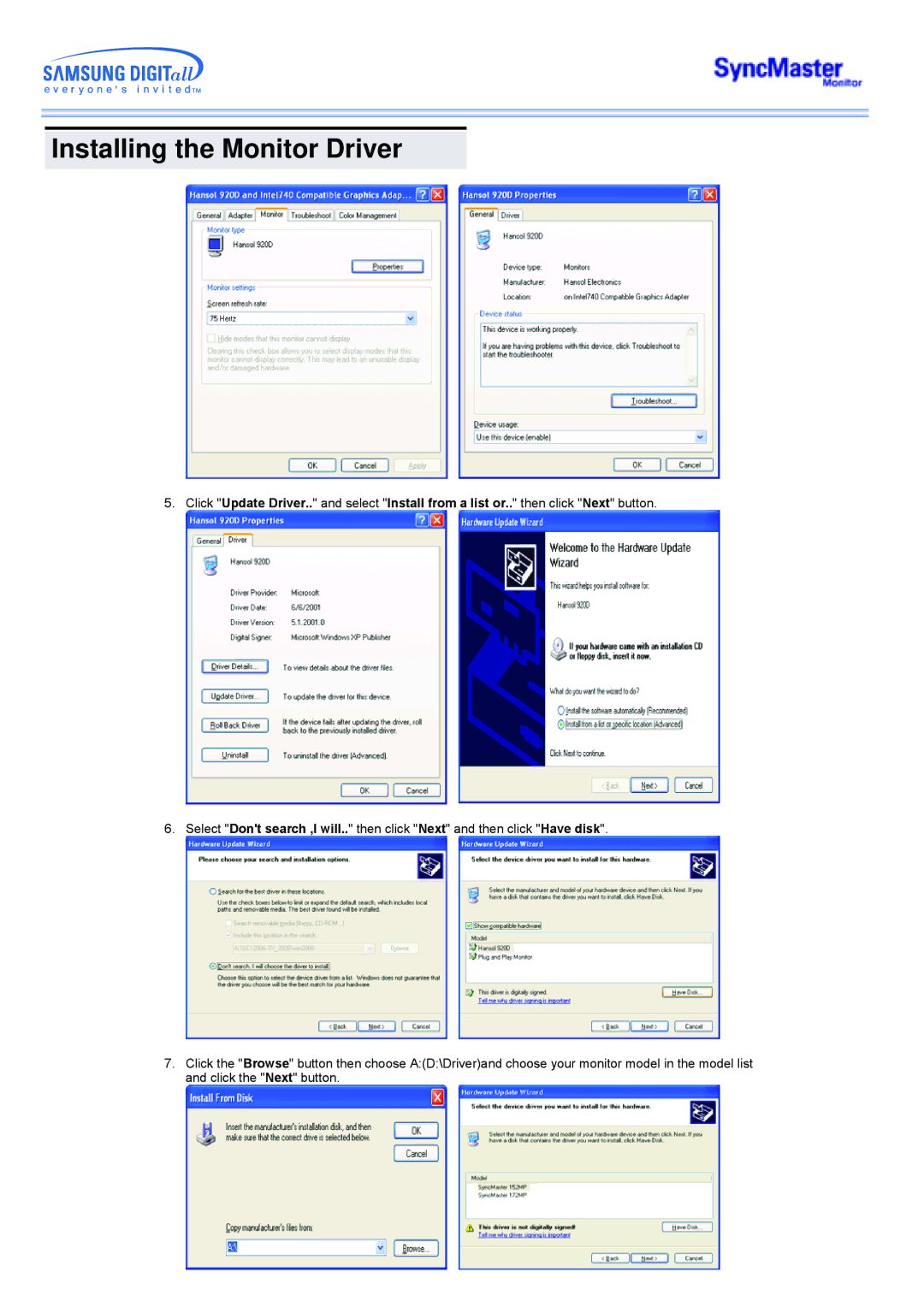 Samsung 173MW manual Installing the Monitor Driver 