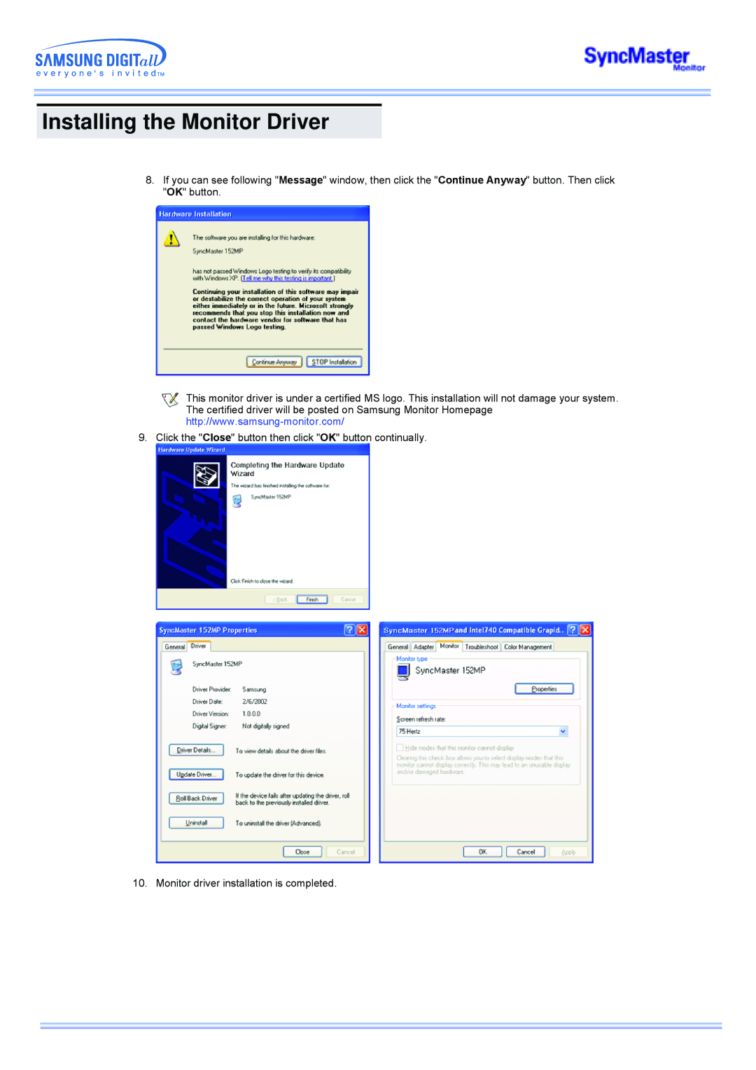 Samsung 173MW manual Installing the Monitor Driver 