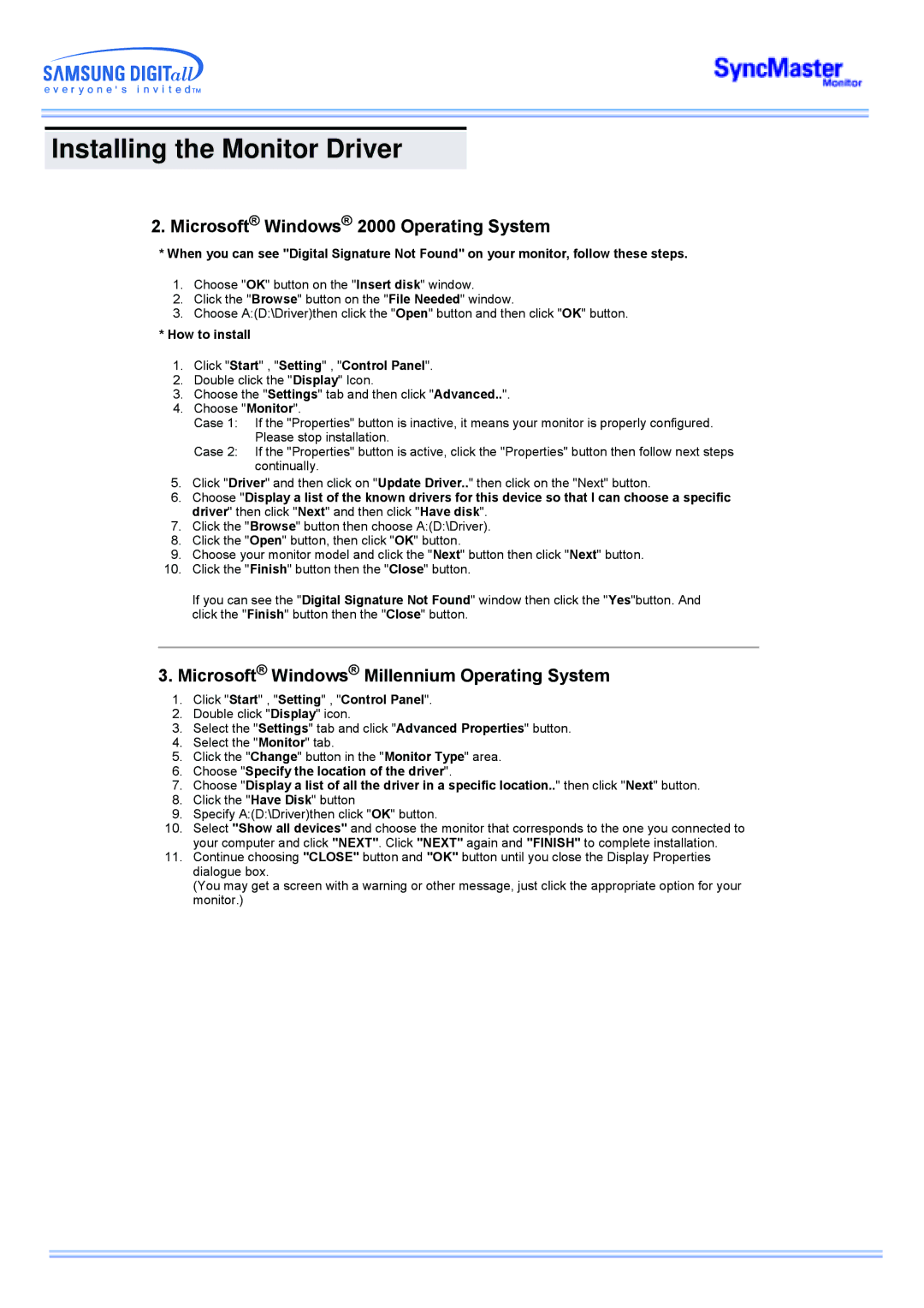 Samsung 173MW manual Microsoft Windows 2000 Operating System, Microsoft Windows Millennium Operating System 