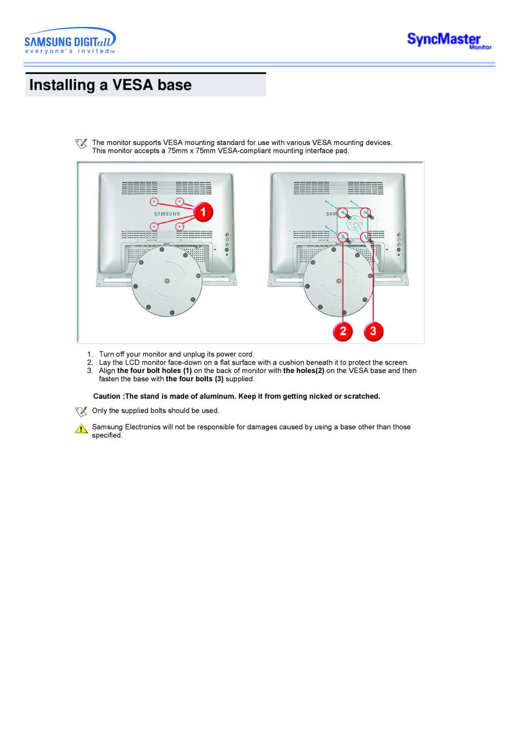 Samsung 173MW manual Installing a Vesa base 