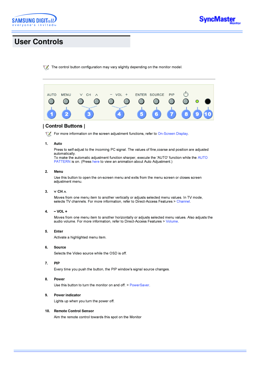 Samsung 173MW manual User Controls, Control Buttons 