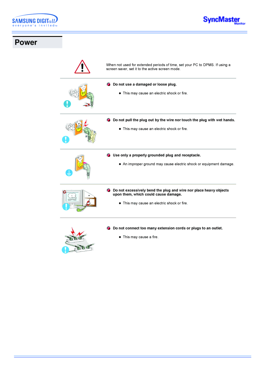 Samsung 173MW manual Power, Do not use a damaged or loose plug, Use only a properly grounded plug and receptacle 