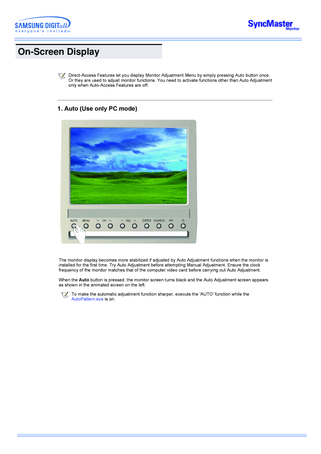 Samsung 173MW manual On-Screen Display, Auto Use only PC mode 