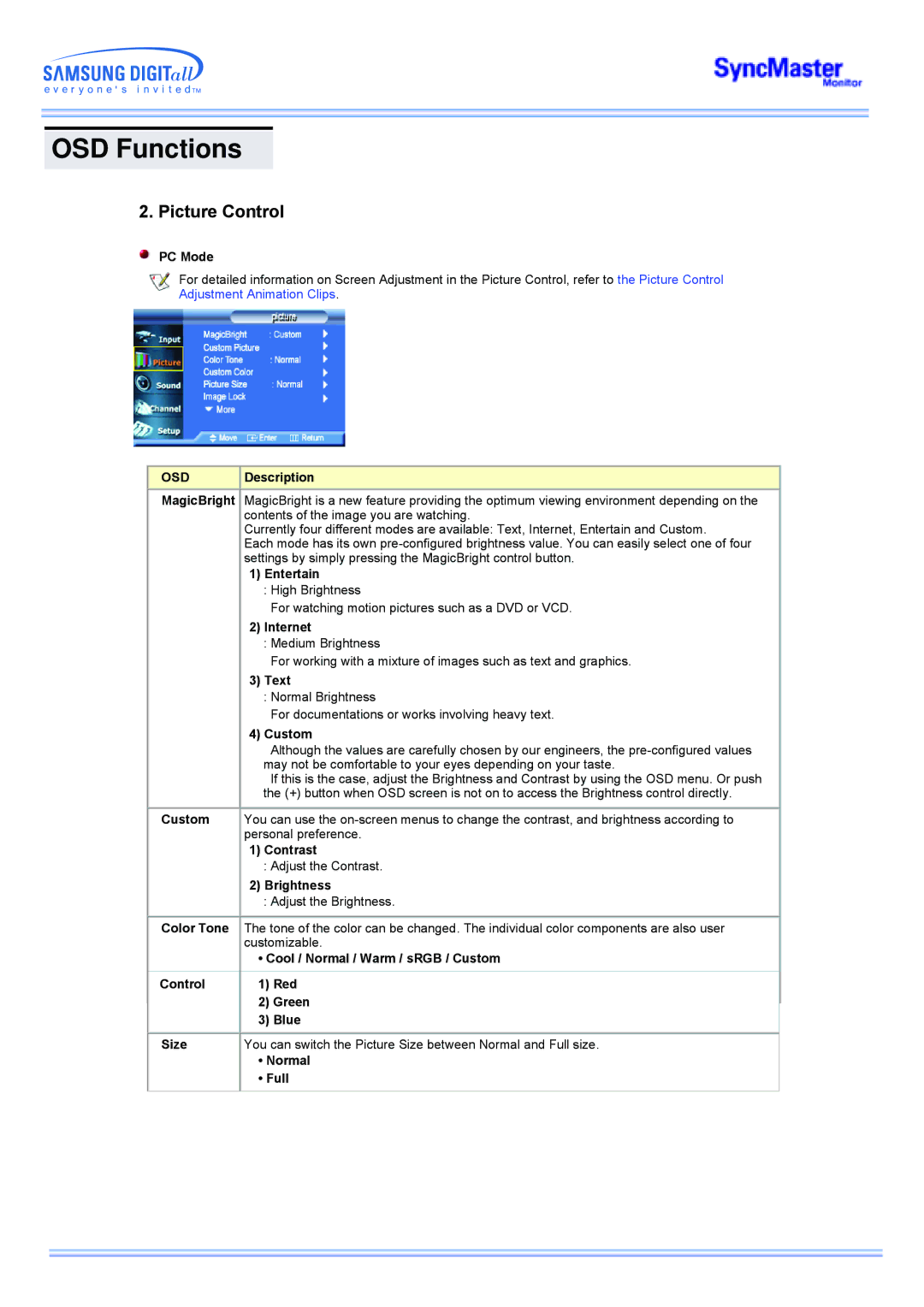 Samsung 173MW manual Picture Control 