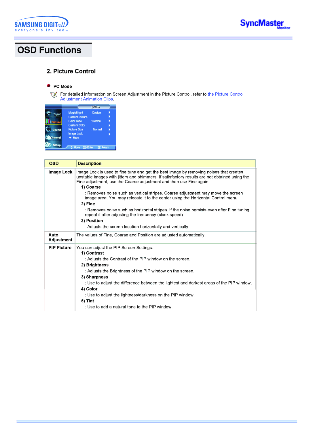 Samsung 173MW manual Coarse, Fine, Repeat it after adjusting the frequency clock speed, Sharpness, Color, Tint 