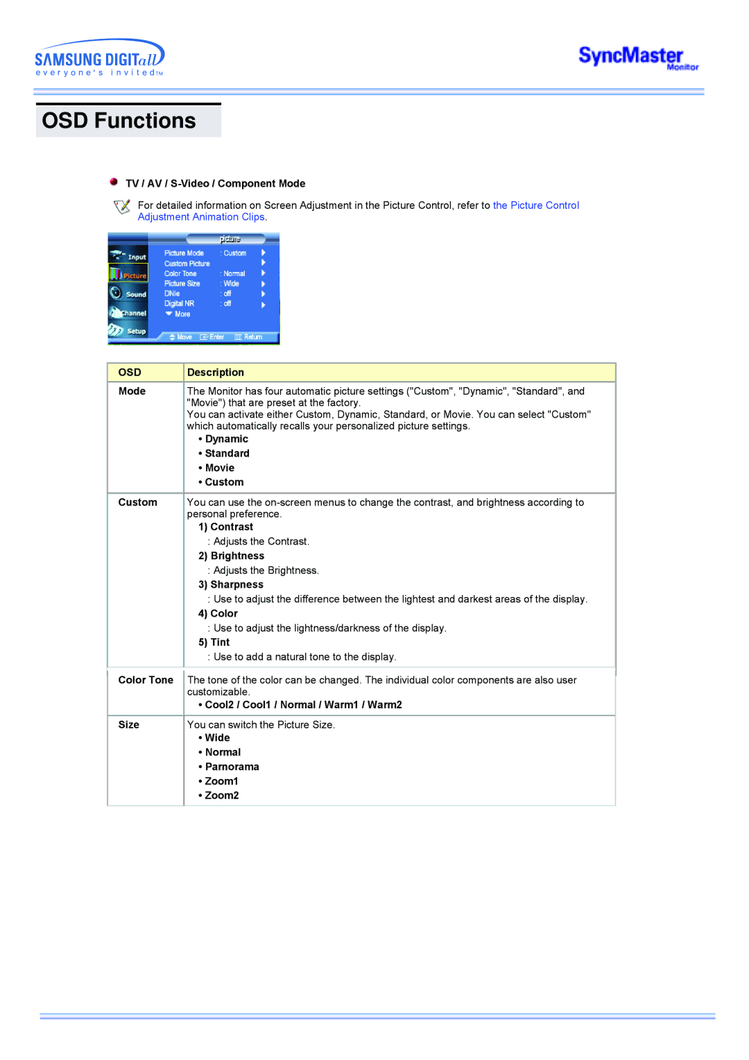 Samsung 173MW manual TV / AV / S-Video / Component Mode, Customizable 