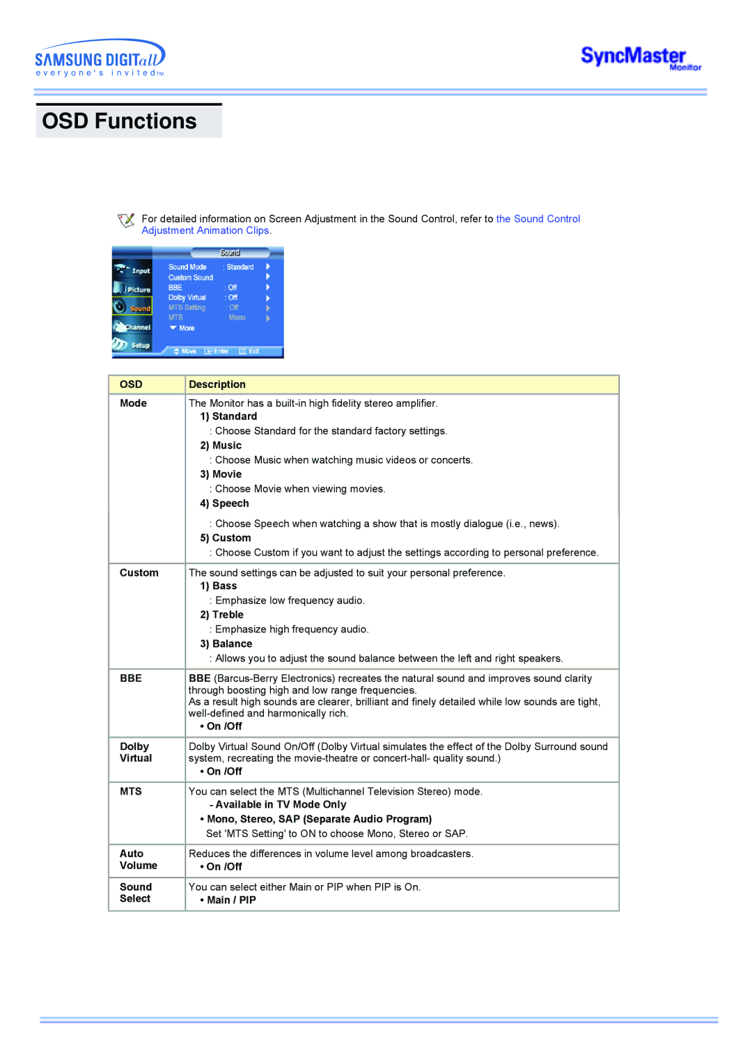 Samsung 173MW manual Bbe, Mts 