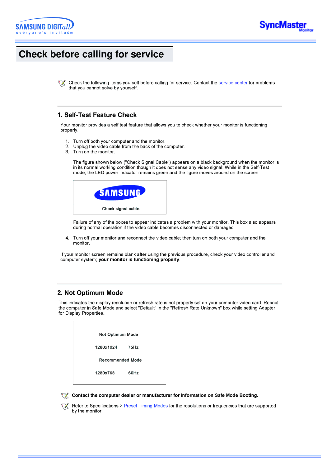 Samsung 173MW manual Check before calling for service, Self-Test Feature Check, Not Optimum Mode 