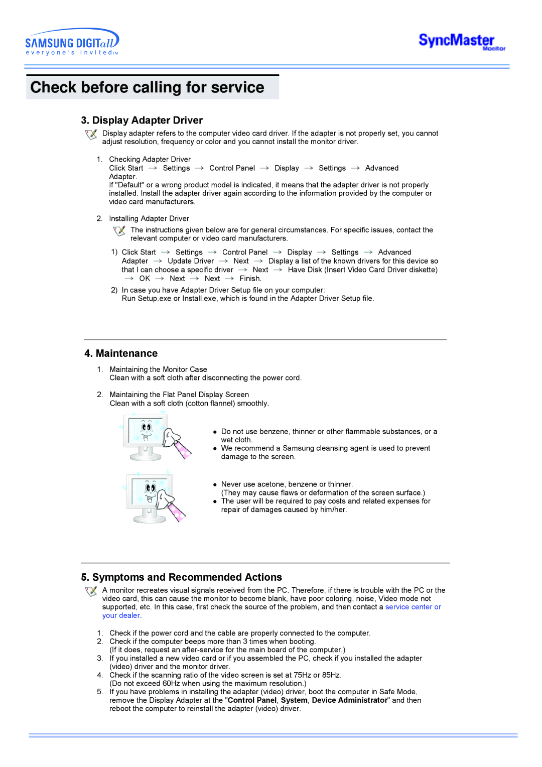 Samsung 173MW manual Display Adapter Driver, Maintenance, Symptoms and Recommended Actions 