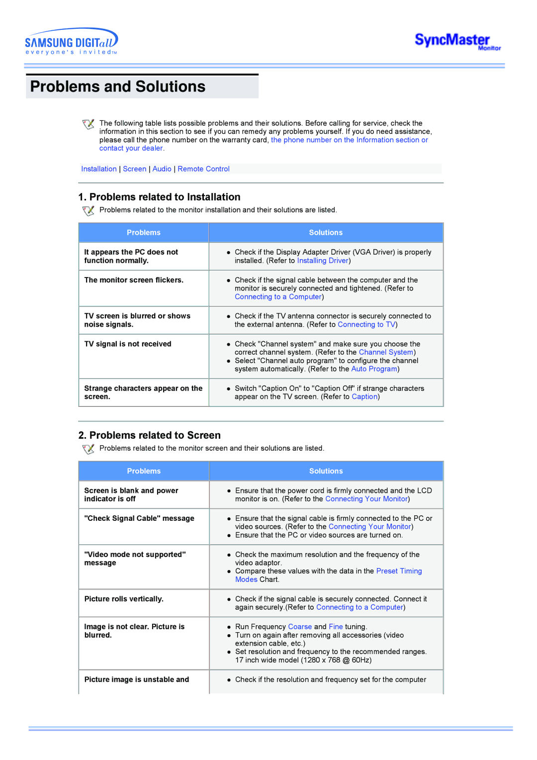 Samsung 173MW manual Problems and Solutions, Problems related to Installation, Problems related to Screen 