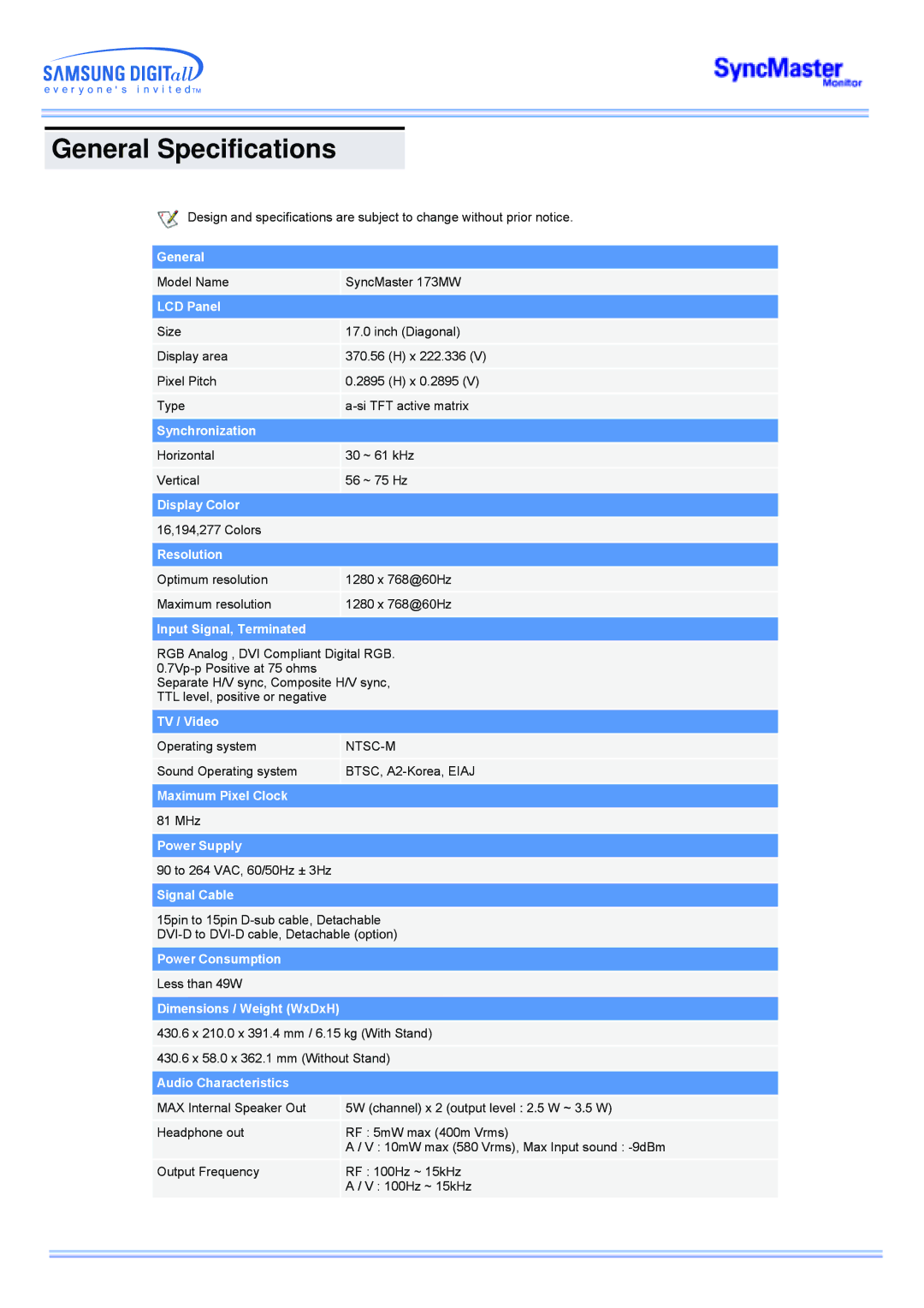 Samsung 173MW manual General Specifications, Input Signal, Terminated 